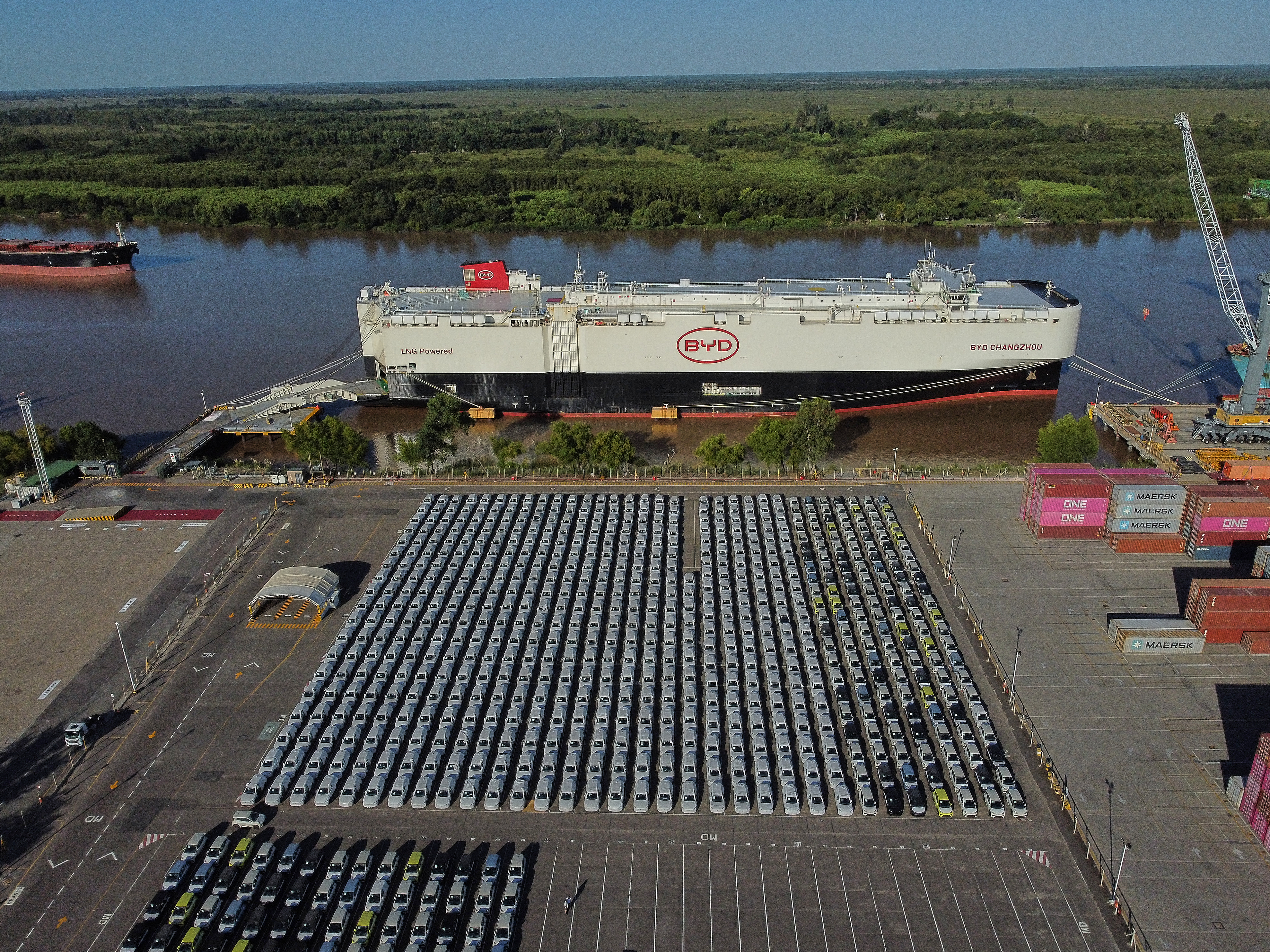 Zárate, Argentina – January 20, 2026: Aereal view of the vessel BYD CHANGZHOU docked in Zárat...