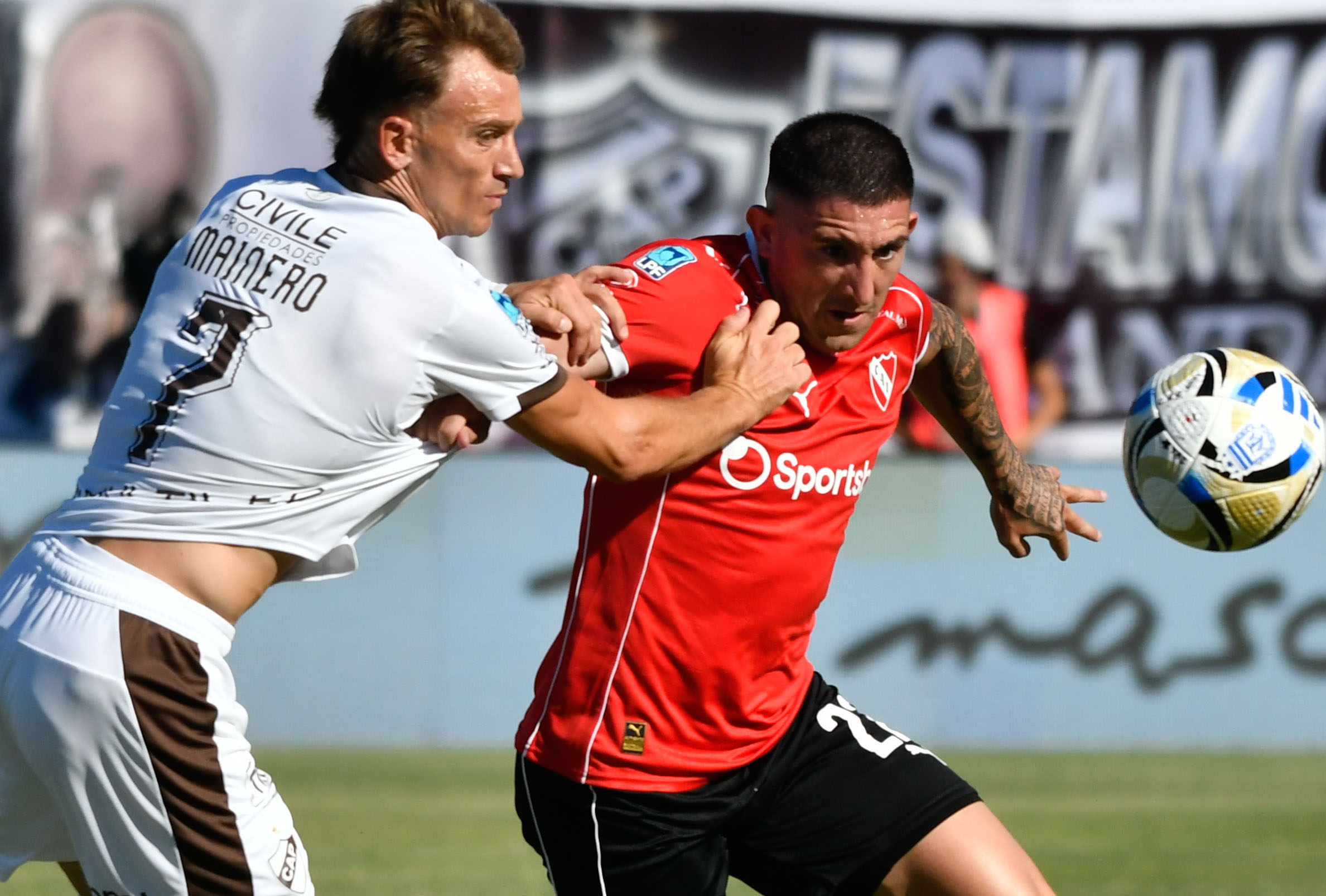Buenos Aires, Argentina – February 8, 2026: Guido Mainero (L) of Platense figth for a ball agai...
