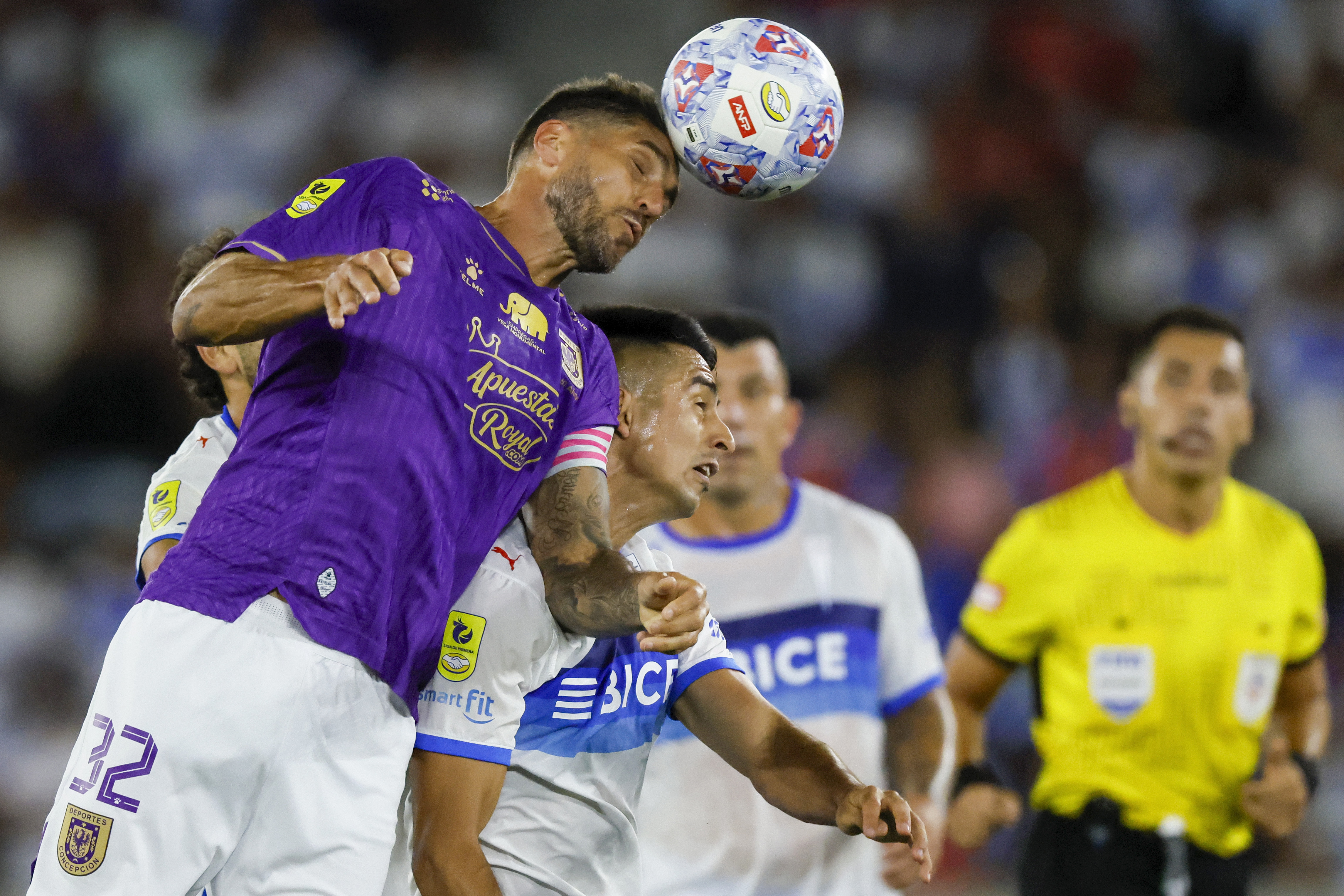 The "Cruzados" secured their first National Championship win after beating the "Leon de Collao" in the second round Santiago, Chile – February 8, 2026: Deportes Concepcion’s player Joaquin Larrivey, left, vies...