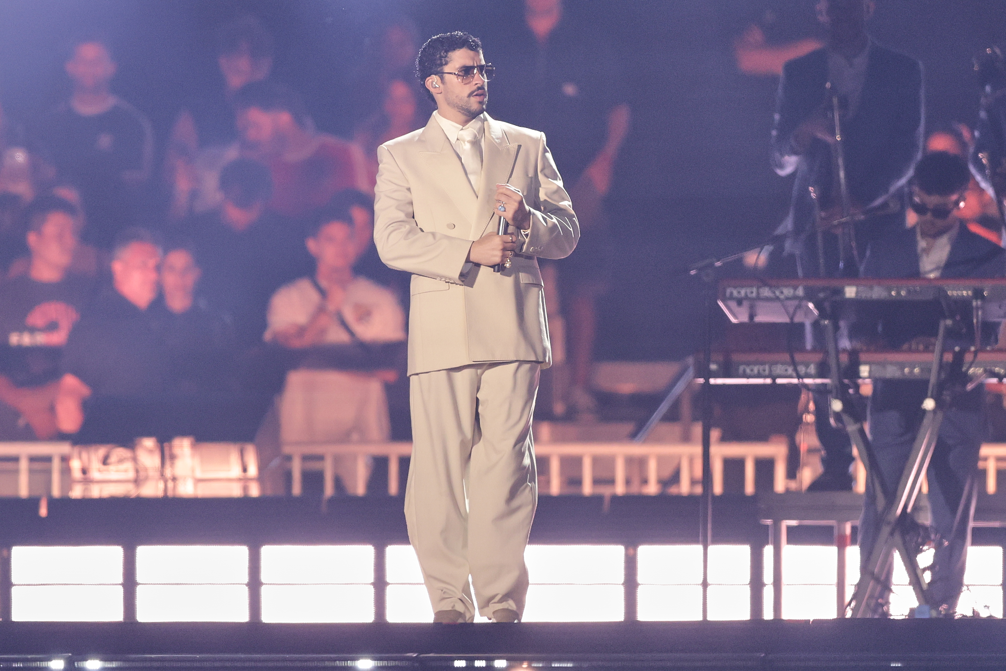 Buenos Aires, Argentina – February 13, 2026: Puerto Rican singer Bad Bunny performs in Buenos A...