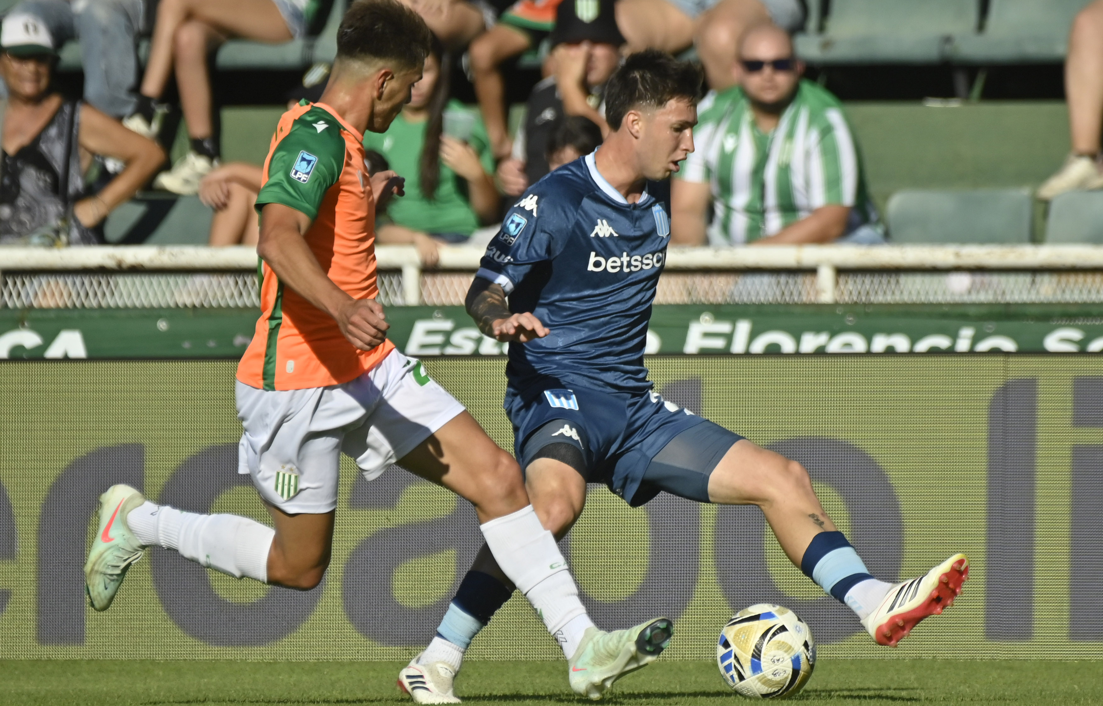 Banfield, Argentina – February 14, 2026: Baltasar Rodriguez of Racing (R) wins a ball. Racing C...