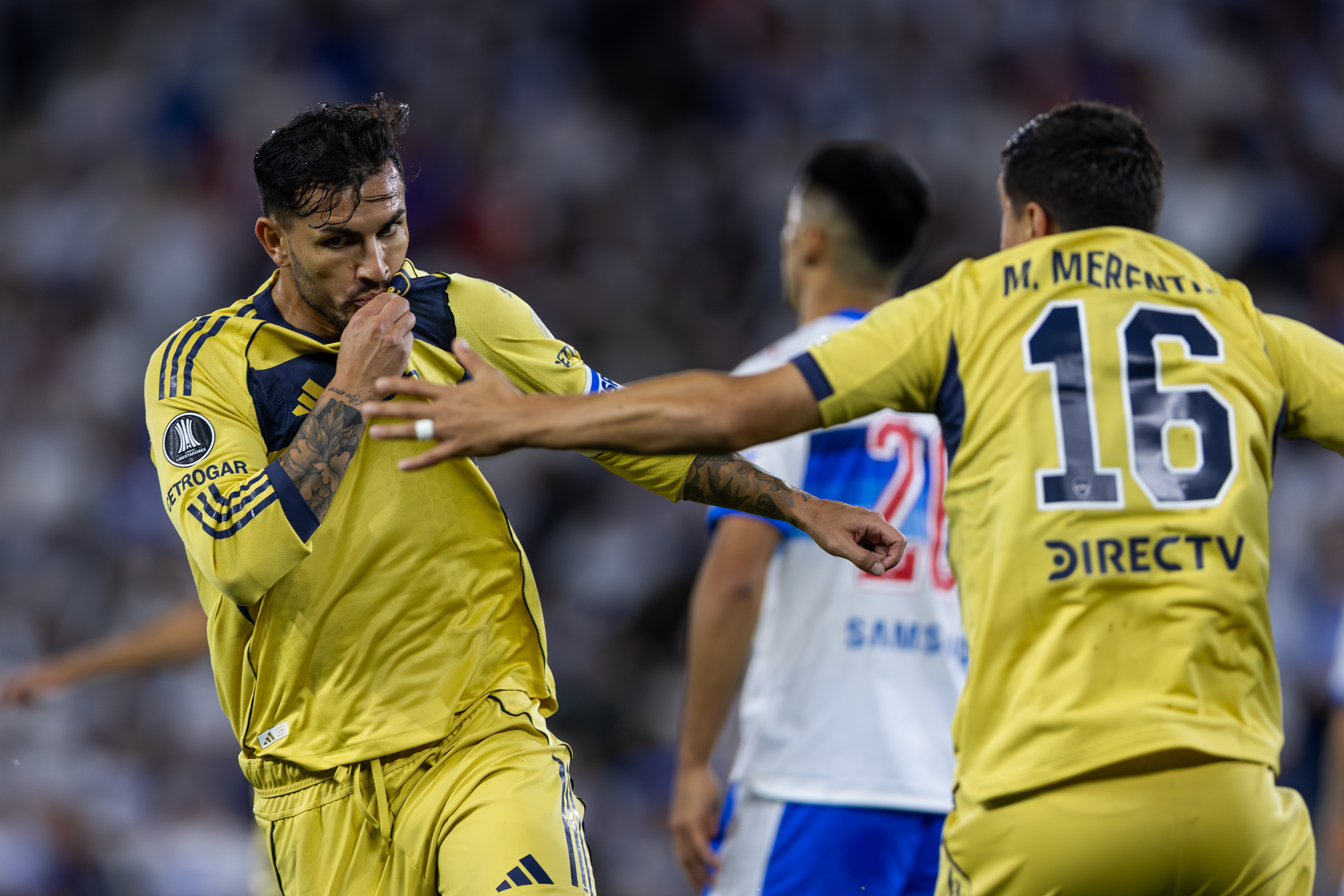 Universidad Católica vs Palestino Chilean football Santiago, Chile – April 7, 2026: Boca Juniors player Leandro Paredes celebrates his goal. Universidad Catolica faces ...